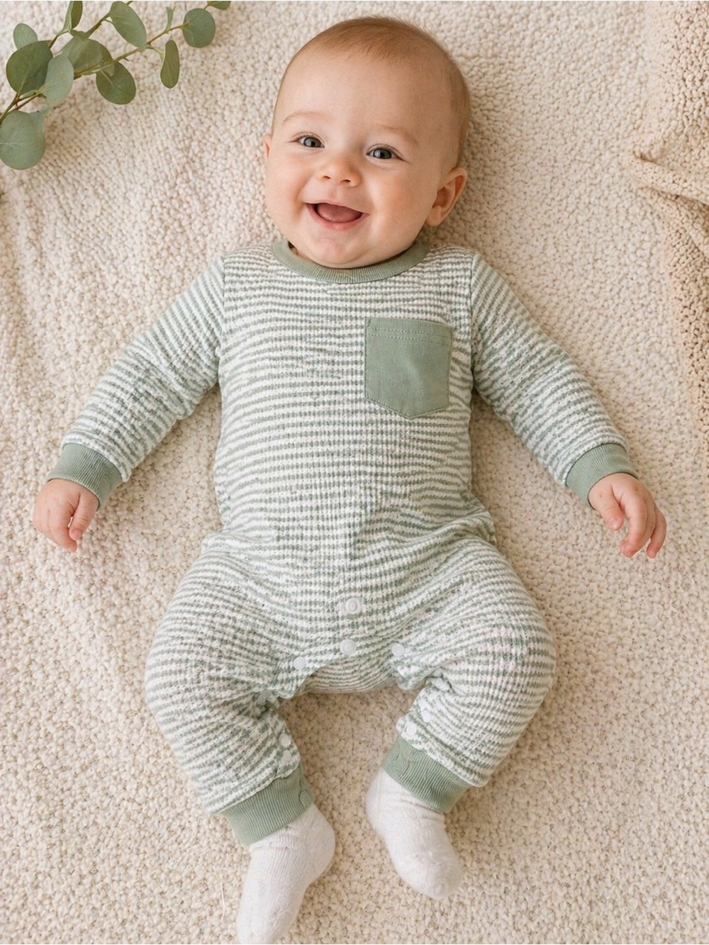 NWT Baby Waffle Knit Romper Sage Green Stripe Pocket 0–3M